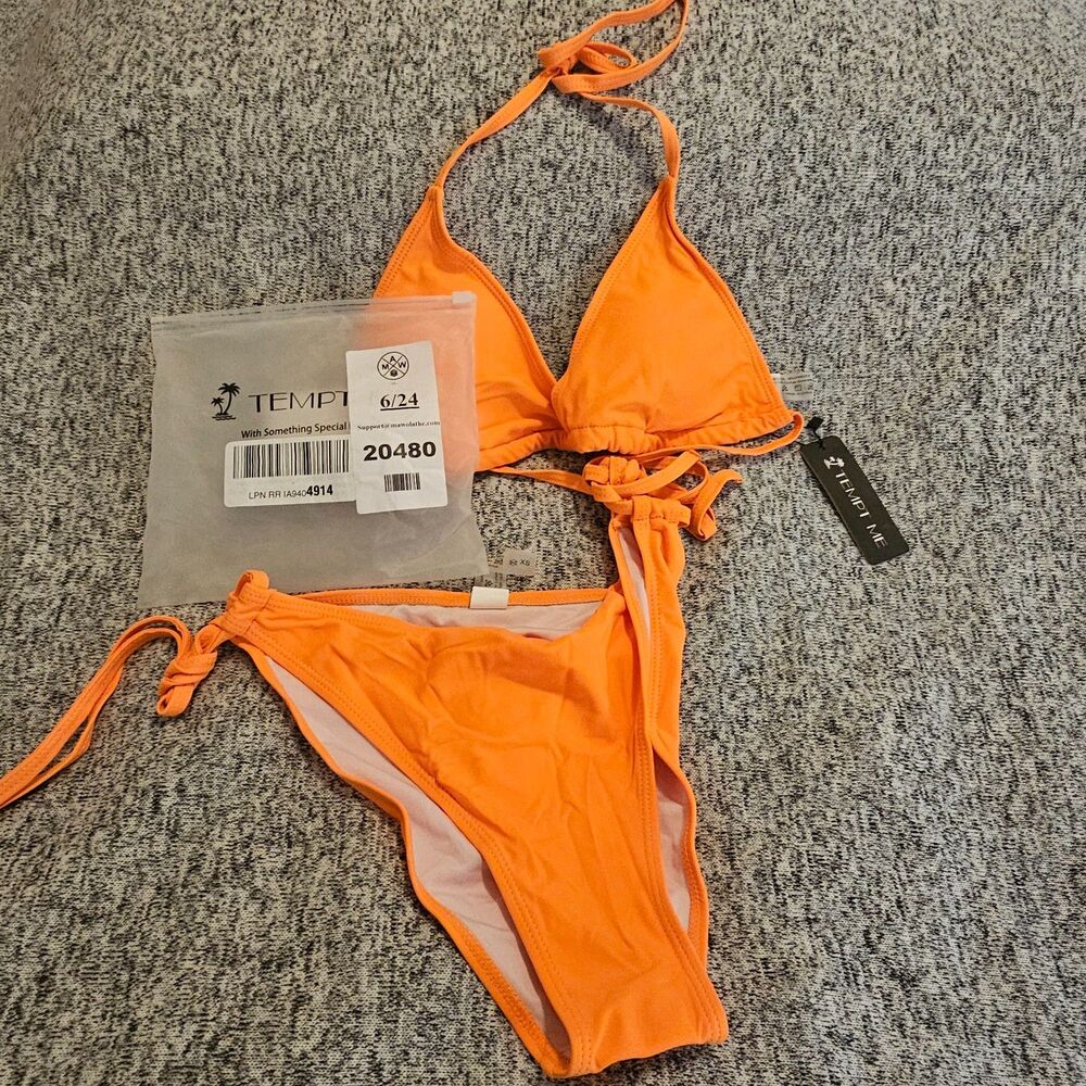 Two Piece Bikini Set Women's Sz XS -Orange Adjustable Ties Sexy Bathing Suit NWT - Picture 4 of 9
